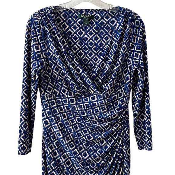 Lauren Ralph Lauren Women's Blue Faux Wrap Dress Size 6 Diamond Print - Picture 2 of 14